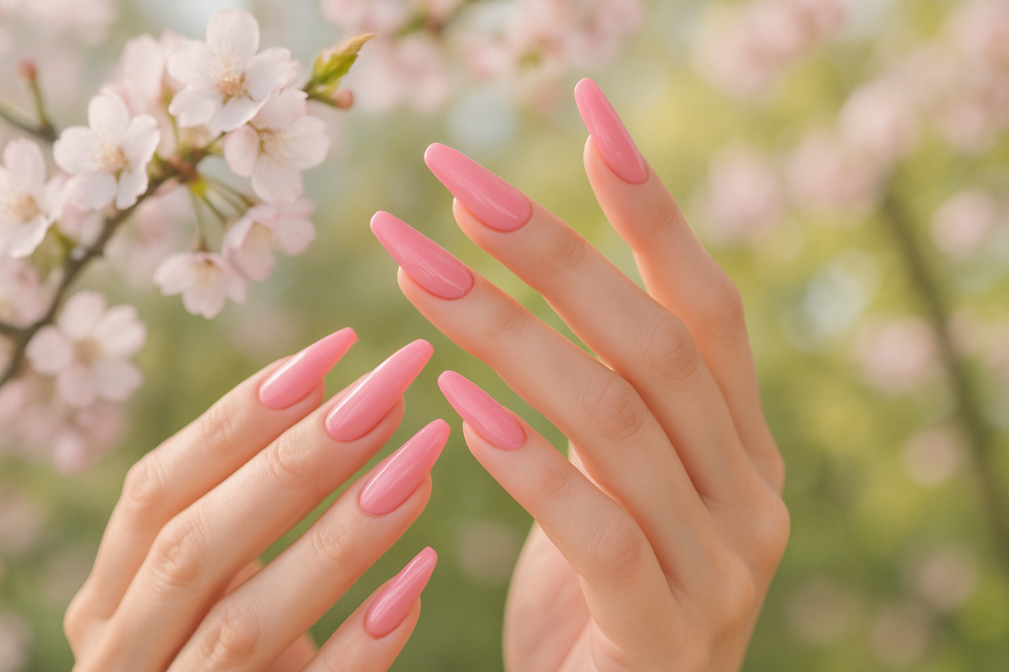 beautiful hands with long ballerina nails in this flamingo color with a spring backround