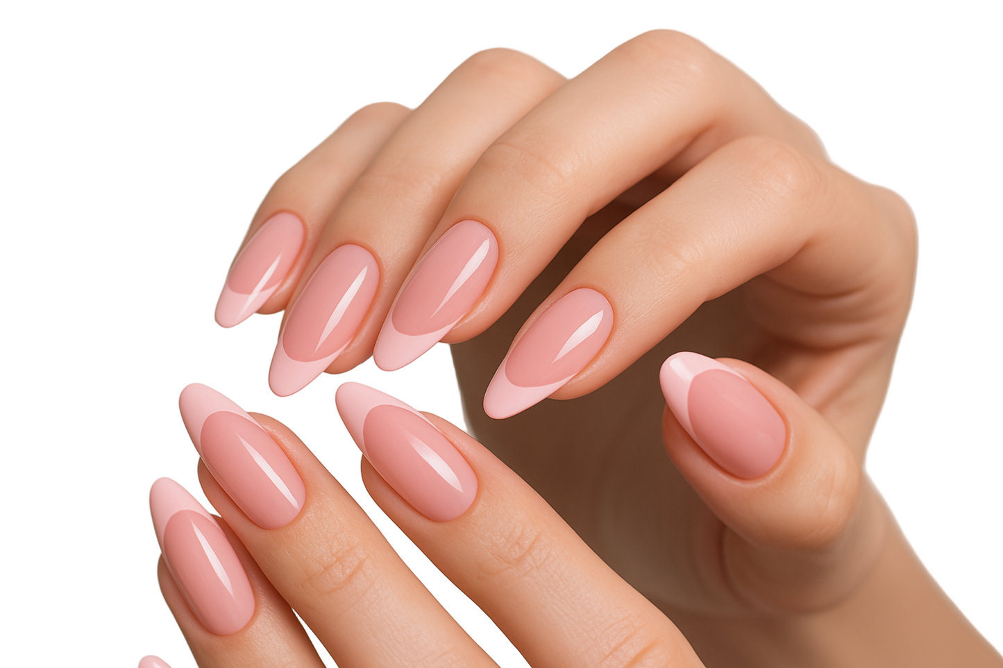 Young hands with chick pink color as a french manicure on long nails