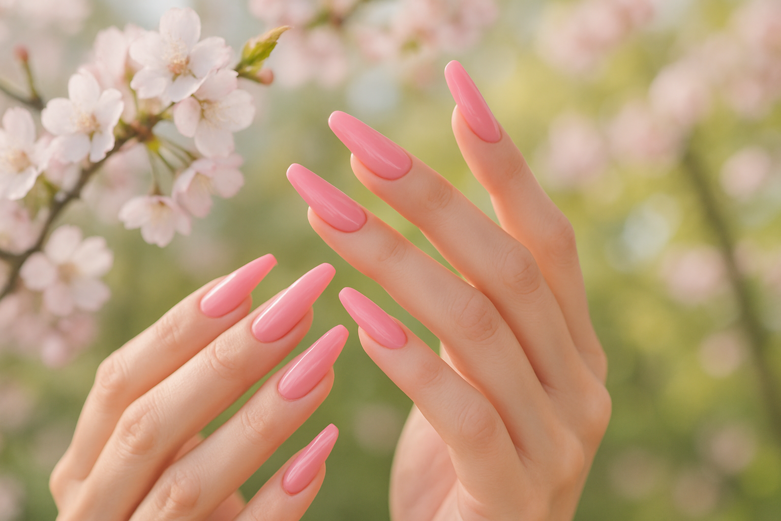 beautiful hands with long ballerina nails in this flamingo color with a spring backround